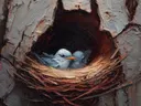 Nestvogeltjes in de boomholte, dieren schilderij