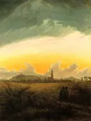 Neubrandenburg van Caspar David Friedrich: landschap met nevel, vogels, gouden lucht en wolk, in goudbruin