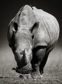 Neushoorn in het gras in zwart-wit, dieren schilderij