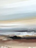 Abstract schilderij met vloeiende golfvormen in teal en terracotta
