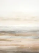Abstract landschap met horizontale lagen in zandkleur, grijs en room die een nevelige vlakte suggereren.