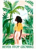 Never stop growing tekstposter schilderij met vrouw onder palmboog