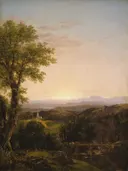 New England Scenery van Thomas Cole: landschap met bomen, vallei, rivier en zonsondergang, in warm goud en groen