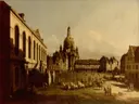 New Market Place in Dresden van Bernardo Bellotto: stad met plein, gebouwen, mensen en kerk, in warm bruin met blauw