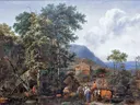 Nicolaes Landscape with tall trees van Nicolaes Pieterszoon Berchem: landschap met hoge bomen, herders, vee en bergen, in groen en lichtblauw
