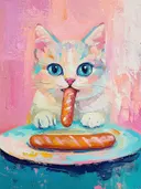 Schilderij van een wit katje met blauwe ogen dat een worstje vasthoudt boven een bord.