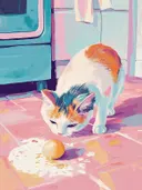 Schilderij van een kat die aan een spiegelei op de vloer snuffelt.