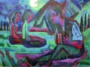 Night Moon; Accordion Player by Moonlight van Ernst Ludwig Kirchner: figuren met maan, mensen, nacht en bergen, in fel groen, blauw en paars