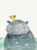 Schilderij van een nijlpaard in het water met een geel vogeltje op zijn kop