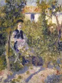Nini in the Garden (Nini Lopez) van Pierre-Auguste Renoir: figuren met meisje, tuin, bloemen en struiken, in groen met roze