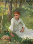 Noon in the Hayfield (1897) van George Clausen: figuren met meisje, hooiveld, bomen en witte jurk, in groen en wit