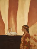 Vrouw met vlecht in terracotta en zand, schilderij