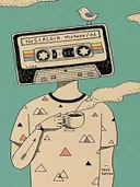 Surrealistische illustratie van een figuur met een cassettebandje als hoofd en een vogel erop