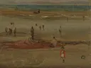 Note in Red and Violet. Nets (1884) y269 van James McNeill Whistler: zee met strand, netten, figuren en zee, in zand en violet