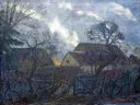 O.@Gewitter Fischerhuder Haus20160508 van Otto Modersohn: landschap met onweer, huizen, kale bomen en dorp, in donker grijs en bruin