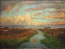 O. Sommerabend m. Wolken@ van Otto Modersohn: landschap met sloot, wolken, weiden en avond, in warm oker en grijsblauw
