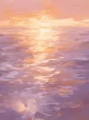 Abstract schilderij van een zonsondergang die weerspiegelt in de oceaan