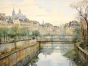 Schilderij van een Europese stad aan een rivier met brug en koepelgebouw