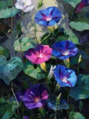 Schilderij van blauwe en paarse ochtendglorie-bloemen met een gouden lichtgloed op de achtergrond