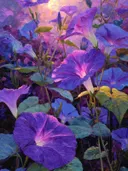 Schilderij van paarse ochtendglorie-bloemen met een gloeiende zonsondergang op de achtergrond