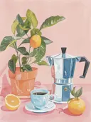 Stilleven met koffiepot, kopje koffie en sinaasappels op een roze achtergrond.