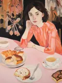 Portret van een jonge vrouw aan een ontbijttafel met croissants, brood en koffiekopjes op een roze tafelkleed.