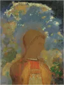 OdilonRedon 1905 Buddha in Young Days van Odilon Redon: figuren met jonge vrouw, profiel, bloesem en takken, in blauw met goudgeel