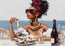 Vrouw met zonnebril en gouden sieraden die champagne drinkt bij een bord oesters aan zee