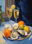 Stilleven met oesters, citrusvruchten en champagneglazen.