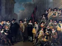Officieren en andere schutters van wijk V in Amsterdam onder leiding van kaptein Cornelis de Graeff en luitenant Hendrick Lauwrensz van Jacob Adriaensz Backer: figuren met schutters, vaandel, mannen en hoeden, in donker bruin met rood
