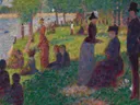Oil Sketch for 'A Sunday on La Grande Jatte 1884 van Georges Seurat: figuren met park, mensen, gras en parasol, in groen en violet