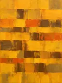 Oker en saffraan in banden en blokken, abstract schilderij met het paletmes