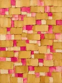 Abstract schilderij met het paletmes in okergeel en fuchsia
