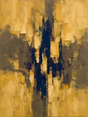 Abstract schilderij met het paletmes in okergeel en pruisisch blauw