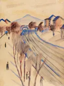 Ölberg mit Bahngleisen II van August Macke: landschap met heuvel, huizen, bomen en spoor, in zacht beige en blauw