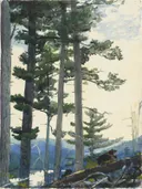 Old Settlers van Winslow Homer: landschap met dennen, bomen, bos en rotsen, in groen en grijs