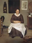 Old Woman Seated van Zanchi, Antonio: interieur met vrouw, naaien, stoel en prenten, in warm bruin en wit