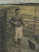 Old Woman With a Cat van Akseli Gallen-Kallela: figuren met oude vrouw, kat, hek en weiland, in gedempt groen en grijs