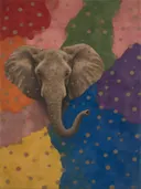 Schilderij van olifant in alle kleuren van de regenboog, in vlakke kleurvlakken