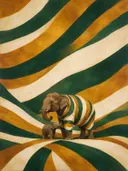 Schilderij van olifant in amber en flessengroen, in vlakke kleurvlakken