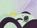 Schilderij van olifant in aubergine en mint, in vlakke kleurvlakken