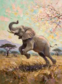 Olifant in beweging bij bloesem, schilderij van olifant