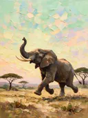 Olifant in beweging in de mist, schilderij van olifant