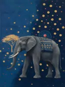 Schilderij van olifant in delfsblauw en mosterd, in vlakke kleurvlakken