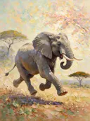 Olifant in diep beweging bij bloesem, schilderij van olifant