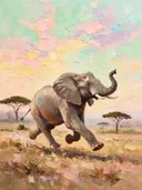 Olifant in diep beweging in de mist, schilderij van olifant