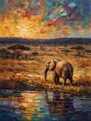 Olifant in diep het landschap aan het water, schilderij van olifant