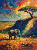 Olifant in diep het landschap tegen een muur in de schaduw, schilderij van olifant