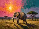 Olifant in diep pose tussen de bomen, schilderij van olifant