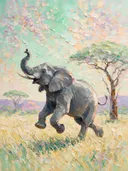 Olifant in donker beweging bij bloesem, schilderij van olifant